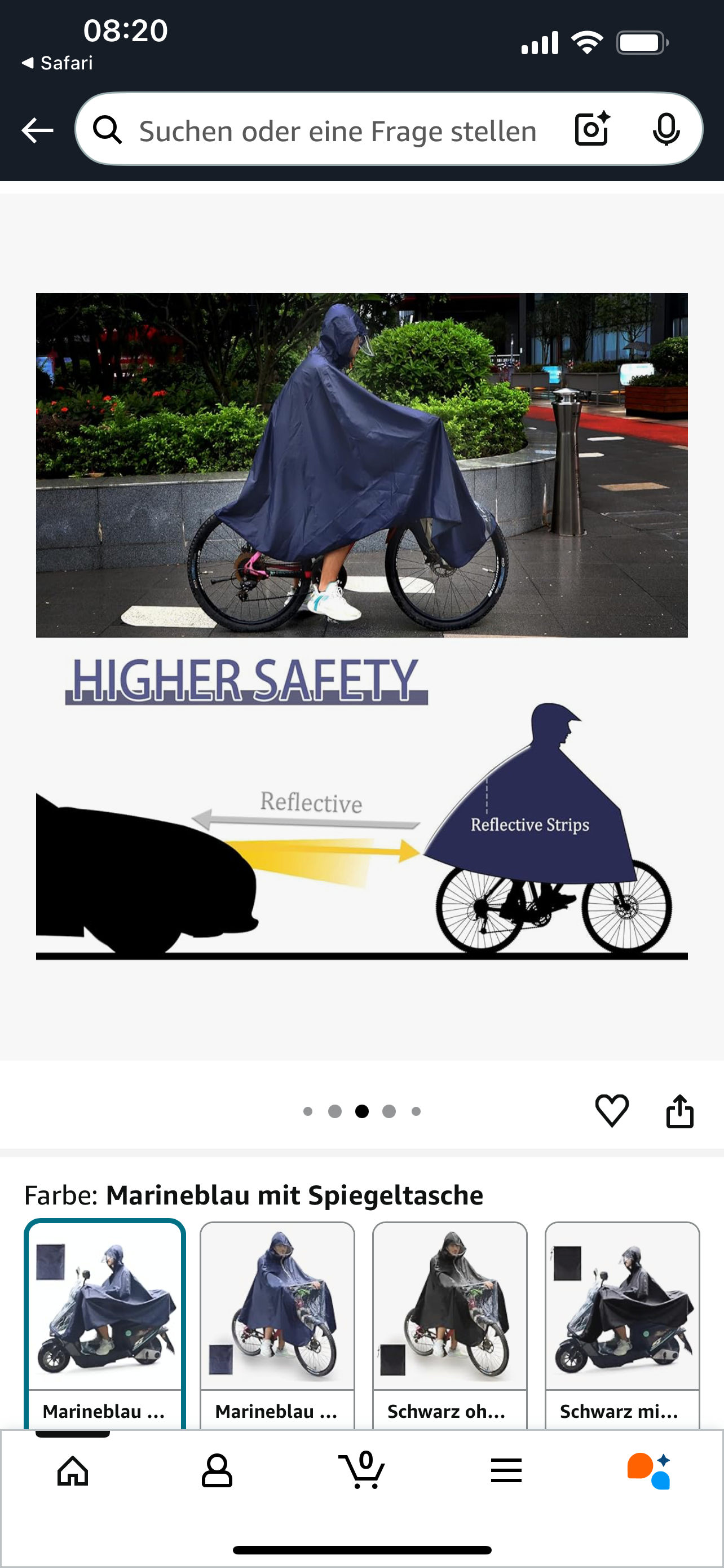 A person riding a bicycle wearing a navy blue rain poncho in rainy conditions, with a graphic illustrating reflective strips on the poncho for increased safety. But the poncho interferes with front and back wheel and also blocks the bikes lights. So it’s completely useless.